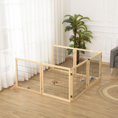 PawHut Wooden Pet Gate, Dog Safety Barrier, Freestanding Foldable Fence, w/ 6 Panels, 2 Support Feet, for House Doorway Stairs, Small & Medium Dogs, Natural Wood