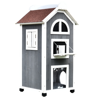 PawHut Solid Wood Cat Condo - Natural Water Proof Outdoor 2-Floor Pet Shelter