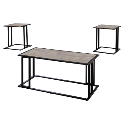 Monarch 3 Piece Modern Minimalist Wood-Look Laminate Coffee Table / Two Matching End Tables Set - Dark Taupe / Black Metal