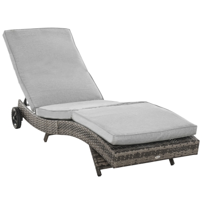 Outsunny Outdoor PE Rattan Patio Chaise Lounge Chair with 5 Backrest Angles & 2 Wheels for Easy Movement - Grey