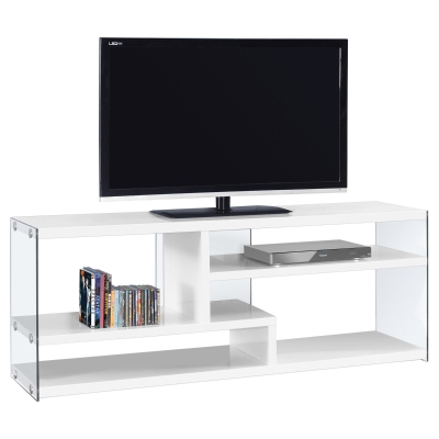 Monarch 60" Contemporary Thick Panel Shelves Tempered Glass Sides Console TV Stand - Glossy White Finish