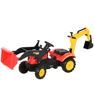 Aosom Ride-On Excavator Construction Equipment Toy with Front Red Dirt Plow Bucket, Back Digging Tool & Trailer