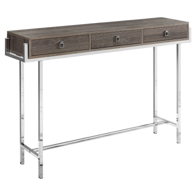 Monarch 48" Contemporary 3-Drawer Storage Chrome Metal Frame Accent Hall Sofa Console Table - Dark Taupe Wood Grain-Look Finish
