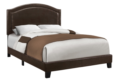 Monarch Full Size Contemporary Upholstered Bed Frame with Brass Nail Head Trim and Wood Legs - Brown Leather Look