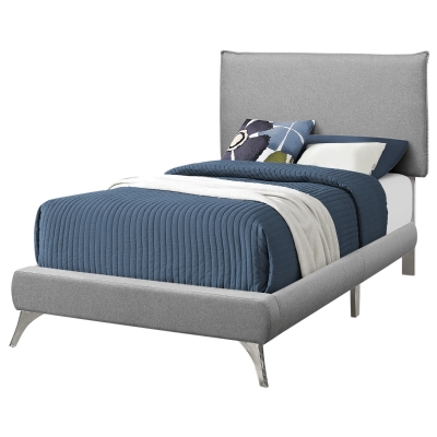 Monarch Twin Size Modern Upholstered Bed Frame with Padded Headboard and Chrome Legs - Grey Linen Look