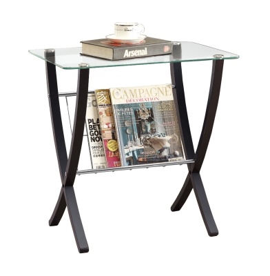 Monarch 24" Contemporary Bentwood Legs Tempered Glass Top Accent Side Table with Magazine Storage Rack - Cappuccino Brown Finish