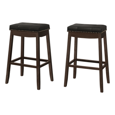 Monarch 2pc Traditional Bar-Height Padded Seat with Tufted Black Leather-Look Upholstery and Nailhead Trim - Espresso