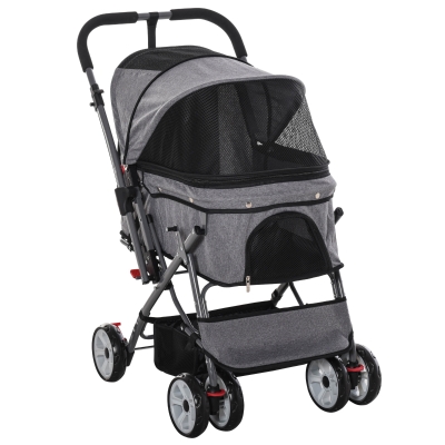 PawHut Pet Stroller Foldable Dog/Cat Travel Carriage with Reversible Handle EVA Wheels Brakes Storage Bag, 3-stage Canopy, Zippered Mesh Window Door, Grey