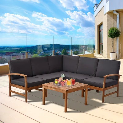 Outsunny 6-Piece L-Shaped Garden Sofa Set, Acacia Wood, Gray