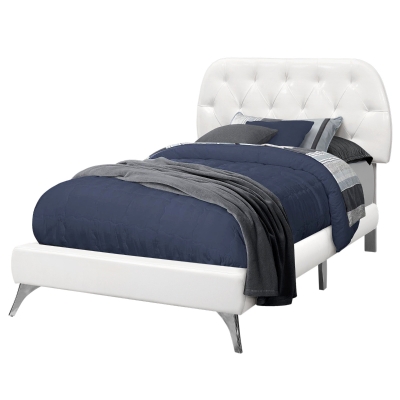 Monarch Twin Size Contemporary Upholstered Bed Frame with Padded Diamond Tufted Headboard and Chrome Legs - White Leather Look