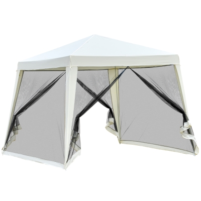 Outsunny 10' x 10' Folding Slant Leg Screened Sun Shelter Canopy Tent with Mesh Sidewalls - Beige