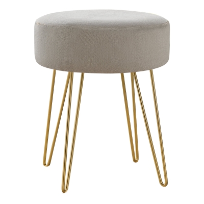 Monarch Upholstered Ottoman Stool with Tall Slim Hairpin Legs - Beige / Gold Metal