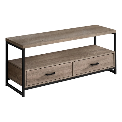 Monarch 48" 2-Tier Open Concept TV Stand with Metal Frame, Storage Drawers and Shelves - Dark Taupe / Black Metal