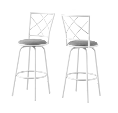 Monarch 2 Piece Contemporary Linen Seat Criss-Cross Styled Back Metal Framed Swivel Barstool Chair Set - Grey / White Finish