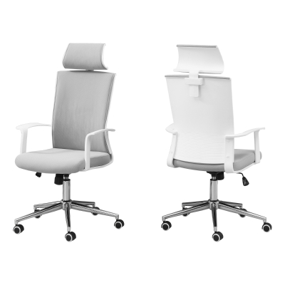 Monarch Executive High-Back Office Chair with Fixed Arm Rests and Adjustable Headrest - Grey Fabric / White Frame