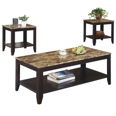 Monarch 3 Piece Contemporary Shelved Rectangular Marble-Look Top Coffee Table / Two Matching End Tables Set - Cappuccino