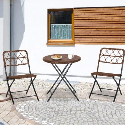 Outsunny 3 PCS Rattan Bistro Set, Folding Chairs & Table, Brown
