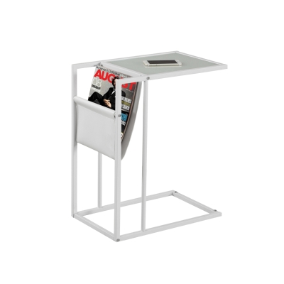 Monarch 24" Contemporary Tempered Glass Top Metal Frame Snack C-Shape Side Accent Table with Magazine Storage Rack - White Finish