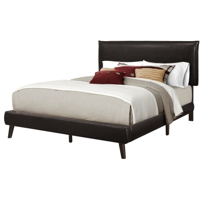 Monarch Queen Size Modern Upholstered Bed Frame with Padded Headboard and Brown Wood Legs - Brown Leather Look