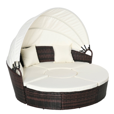 Outsunny 5 Piece Cushioned Outdoor Plastic Rattan Round Sofa Bed Coffee Table Set, Beige