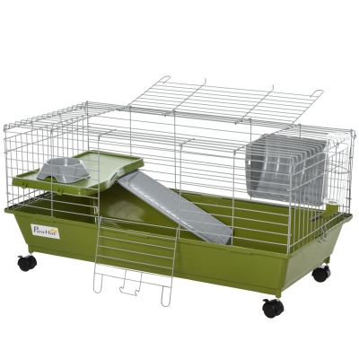 PawHut 35" Small Animal Cage Chinchilla Guinea Pig Hutch Pet House with Platform Ramp, Food Dish, Wheels, & Water Bottle
