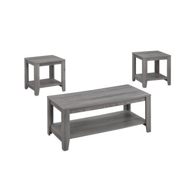 Monarch 3 Piece Contemporary Shelved Rectangular Wood-Look Coffee Table / Two Matching End Tables Set - Grey