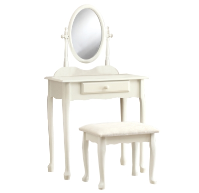 Monarch 2 Piece Traditional Swivel Mirror Make Up Vanity Table Set with Padded Bench - Antique White Finish