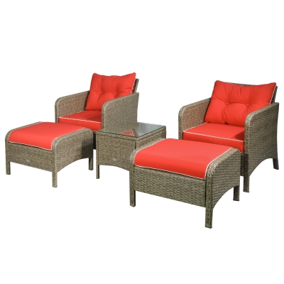 Outsunny 5 Piece Rattan Wicker Outdoor Patio Conversation Set with 2 Cushioned Chairs, 2 Ottomans & Glass Table - Red