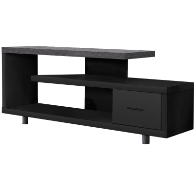 Monarch 60" L Art-Deco Inspired TV Stand with Open Concept Shelves and Storage Drawer - Black / Grey Top