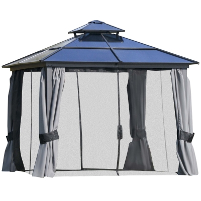 Outsunny 10x10 Hardtop Gazebo with Aluminum Frame, Polycarbonate Gazebo Canopy with Curtains, Netting for Garden, Patio, Backyard, Grey