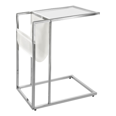 Monarch 24" Contemporary Tempered Glass Top Chrome Metal Frame Snack C-Shape Side Accent Table with Magazine Storage Rack - White Finish