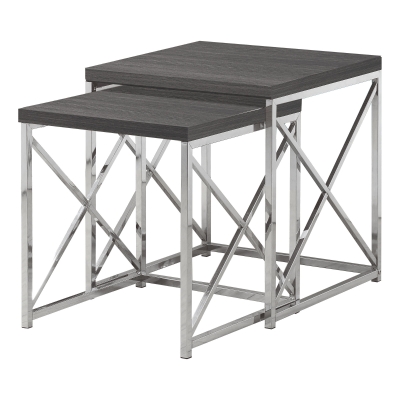 Monarch Contemporary 2 Piece Wood Grain-Look Top Chrome Metal Frame Accent Side Nesting Table Set - Grey Finish