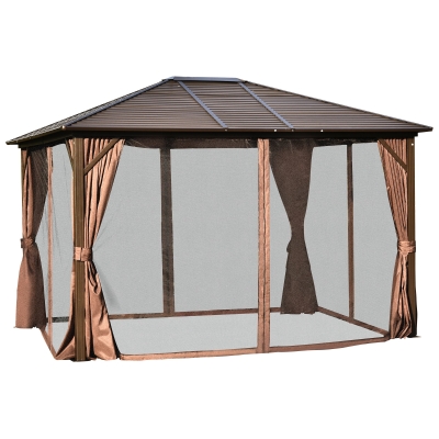Outsunny 12' x 10' Outdoor Metal Patio Gazebo Steel Hardtop Canopy with Curtains - Brown