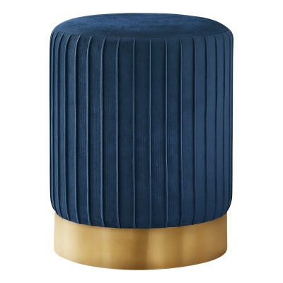 Monarch Upholstered Round Ottoman Pouf Stool with Metal Base - Blue Velvet / Gold Metal