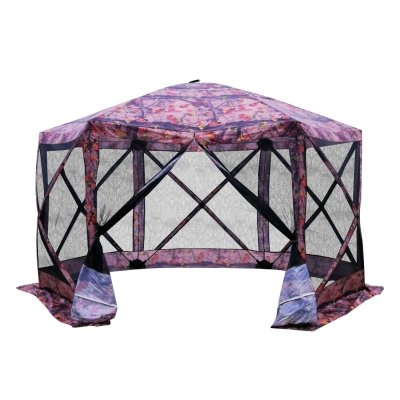 Outsunny 11.5' x 11.5' Hexagonal Pop Up Portable Gazebo Canopy Tent with Mesh Netting Sidewalls - Flower Pattern