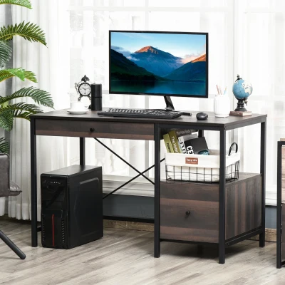 HOMCOM Walnut Brown Writing Desk with File Storage Drawer