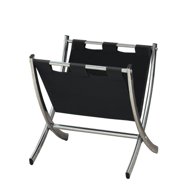 Monarch PU Leather Sling Chrome Metal Framed Magazine Storage Rack - Black Finish