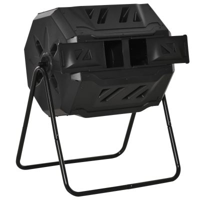 Outsunny Garden Compost Bin with Dual Rotating Tumbler, Outdoor Composter with Sliding Doors, Black