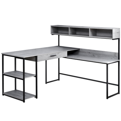 Monarch L-Shaped Contemporary Open Concept Wood-look Computer Desk with Storage - Grey / Black Metal