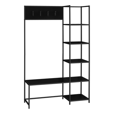 Monarch 72" H Entryway Hall Tree and Shoe Bench with Shelving and 4 Double Hooks - Black / Black Metal