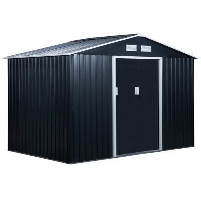 Outsunny 9' x 6.5' x 6.5' Outdoor Backyard Garden Tool Shed with Double Sliding Doors, 4 Air Vents, and Steel Frame, Dark Grey
