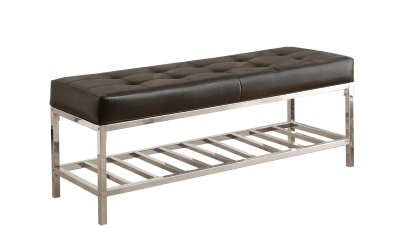 Monarch 48" Faux Leather Contemporary Hall Bench with Metal Base and Shoe Storage Shelf - Black / Chrome Metal Base