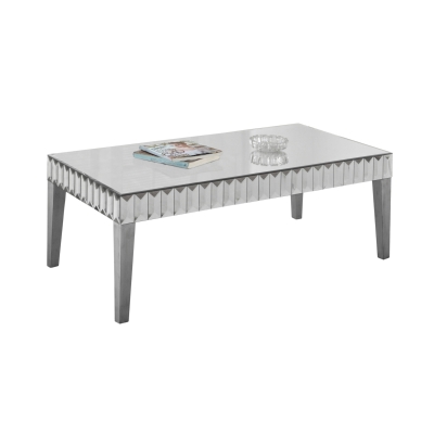 Monarch 48" Contemporary Mirrored-Finish Accent Coffee Table with Tapered Brushed Silver Legs and Emerald Cut Inspired Apron
