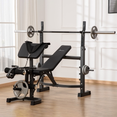 Soozier Weight Bench Stand with Squat Rack, Adjustable Olympic Bench, Multifunctional Arm Curl Pad, Leg Extension, Barbell Stand, Strength Training, Workout Equipment for Home, Office, Gym, Grey