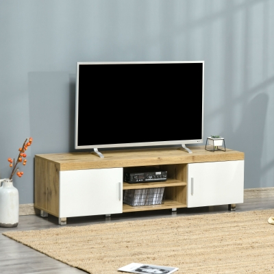 HOMCOM Modern TV Stand for TVs Up to 63 Inches, TV Cabinet with Handle Doors, 2 Storage Shelves and Cable Holes for Living Room Bedroom, Oak and White