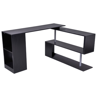 HOMCOM 55" 360° Rotating Corner Computer Desk Modern L-Shaped Home Office Workstation with 3-Tier Storage Shelves, Bookshelf, Black