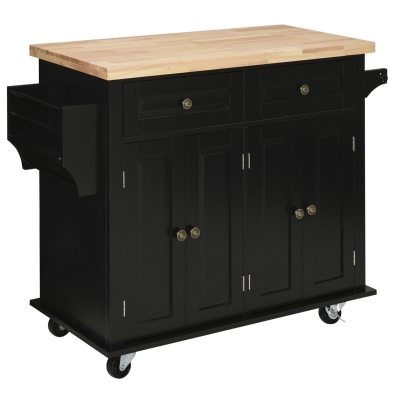 HOMCOM Rolling Kitchen Island Cart on Wheels with Rubber Wood Top, Spice Rack, Towel Rack & Drawers for Dining Room, Black