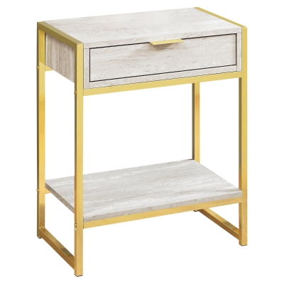 Monarch 24" Contemporary Rectangular End Table Night Stand with Large Storage Drawer and Open Bottom Shelf - Beige Marble-Look / Gold Metal Frame