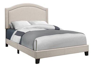 Monarch Full Size Contemporary Upholstered Bed Frame with Brass Nail Head Trim and Wood Legs - Beige Linen Look