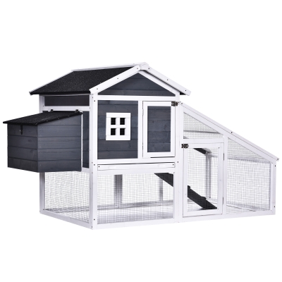 PawHut 69" Chicken Coop Wooden Backyard Poultry Hen Cage, Rabbit Hutch Pen, with Run w/ Nesting Box, Removable Tray for Easy Cleaning, Asphalt Roof, and Safe Lockable Door